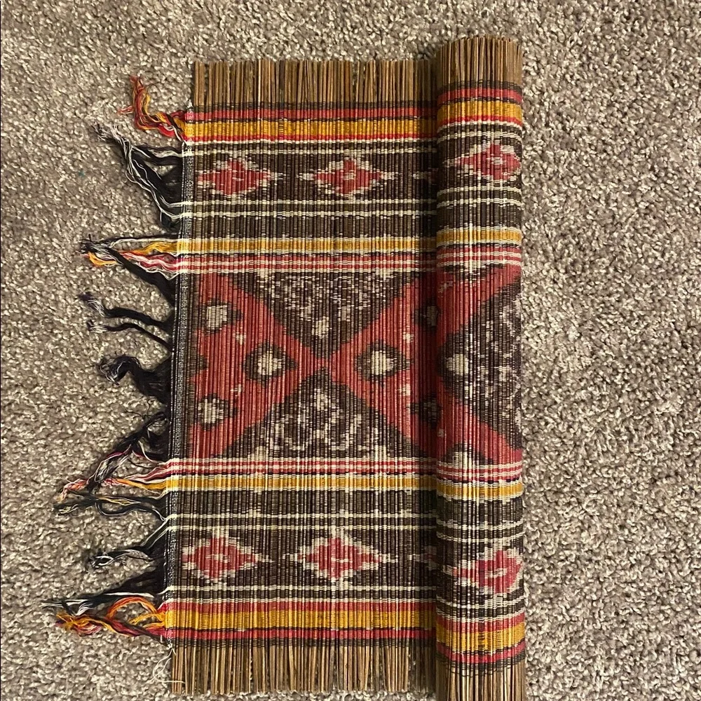 Ethnic Straw Table Runner with Red Mustard Black White Design